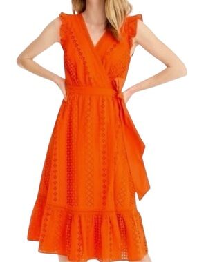 J. Crew Resort Orange Allover Eyelet Wrap Midi Dress Size 4